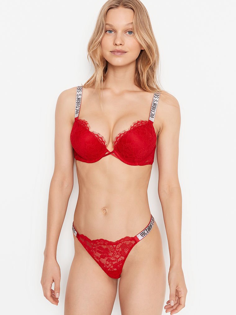 Victoria's Secret Very Sexy Bombshell Shine Brazilian Panty Lipstick Red  Lace Bling Heart X-Large NWT