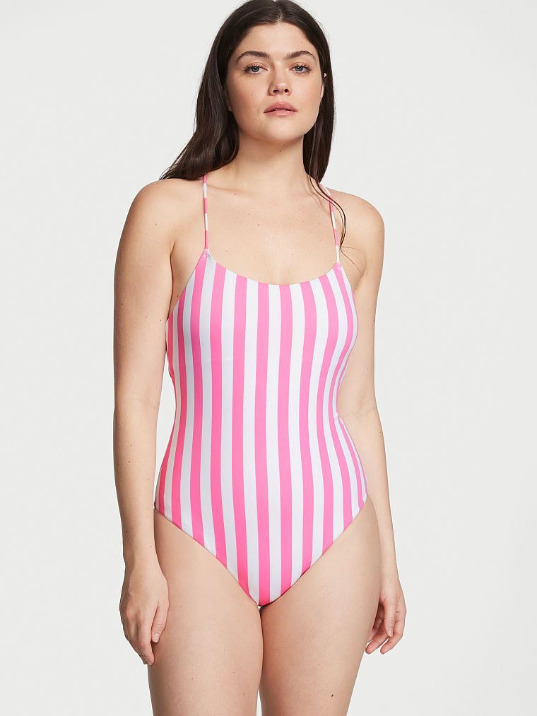 Pink and white store striped one piece swimsuit